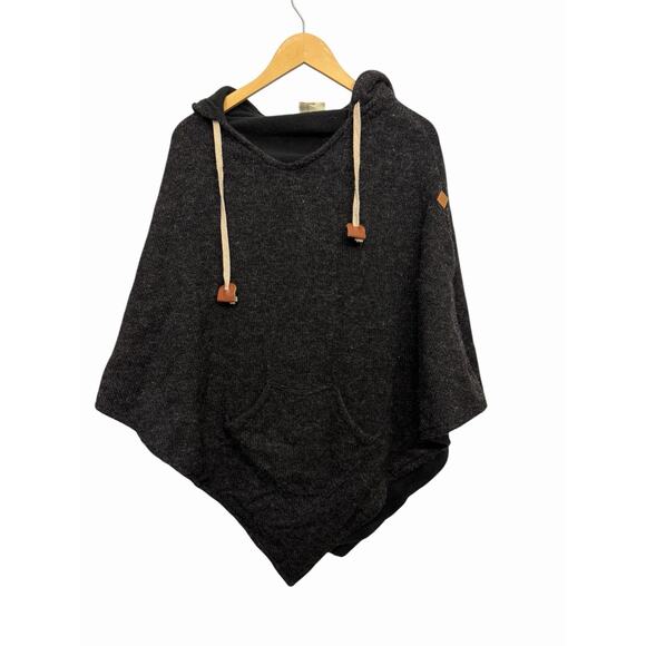 Virblatt Wool Hooded Poncho Brown Black Lining Pullover Drawstring Nepal L/XL - Picture 2 of 12